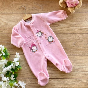 Renkli Puset Kadife Bebek Tulum Penguen Ekru Pembe Mavi