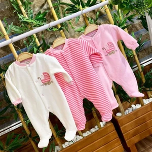 Renkli Puset 3'lü Kadife Patikli Bebek Tulum Takım Çizgili