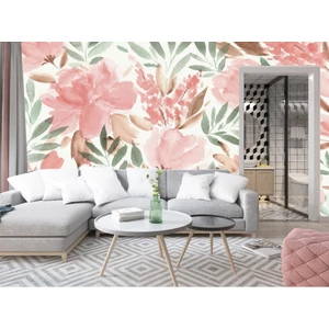 Duvar Kağıdı Marketi Yeşil Yapraklı Pembe Çiçek Desenli 3D Duvar Kağıdı