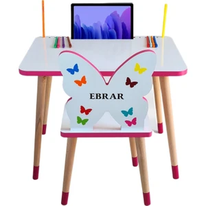 Liva Ahşap Çocuk Masa Sandalye Takımı Tekli  Pembe (Kelebekli)- Tablet, Telefon ve Kalemlik Yeri Yaz Sil Özellikli Yüzey