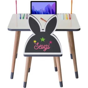 Liva Ahşap Çocuk Masa Sandalye Takımı Tekli  Pembe (Kelebekli)- Tablet, Telefon ve Kalemlik Yeri Yaz Sil Özellikli Yüzey