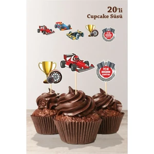 Neşeli Günlerim Yarış Araba Konseptli Kürdanlı Cupcake Süsü Kalın Kağıt
