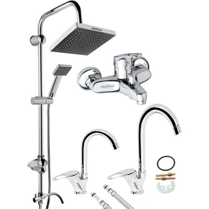  Armilla Armatür Baston Borulu 4’lü Robot Yağmurlama Tepe Duş Seti - Banyo - Lavabo - Mutfak Eviye Musluğu Bataryası Sıcak ve Soğuk Çift Su Girişli
