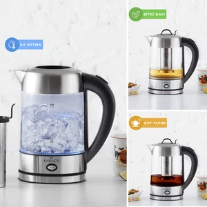 Cam Inox Bitki Çayı Makinesi ve Su Isıtıcı Kettle 2202,Led Işıklı, Yüksek Borosilikat Gövde Paslanmaz Çelik SUS304