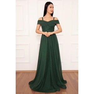 Jessia 13278  Askılı Simli Tül Uzun Elbise
