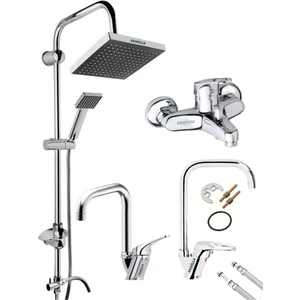 Armilla Armatür Köşe Boru 4’lü Set Robot Yağmurlama Tepe Duş Seti - Banyo - Lavabo - Mutfak Eviye Musluğu Bataryası Çift Su Girişli Sıcak Soğuk