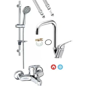 Armilla Armatür Eko Sürgülü Duş Seti Banyo Bataryası ve Köşe Borulu Banyo Lavabo Bataryası Musluğu Sıcak Soğuk Çift Su Girişli
