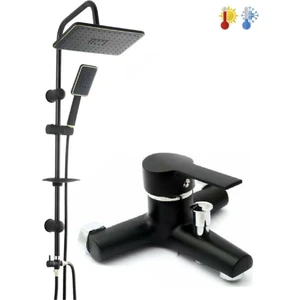 Armilla Armatür Lüx Siyah Krom Tepe Yağmurlama Robot Duş Seti ve Siyah Krom Banyo Bataryası Musluğu 2’li Set Sıcak ve Soğuk Su Girişli