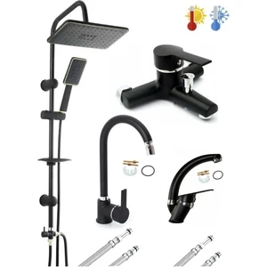 Armilla Armatür Siyah Krom 4’lü Set Robot Duş Seti Banyo 360 Derece Hareketli Lüx Mutfak ve Lavabo Bataryası Musluğu 360 Derece Hareketli Perlatör