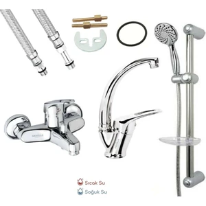 Armilla Armatür Banyo - Lavabo ve Sürgülü Duş 3 Lü Mix Set Sıcak Soğuk Çift Su Girişli Mix Kuğu