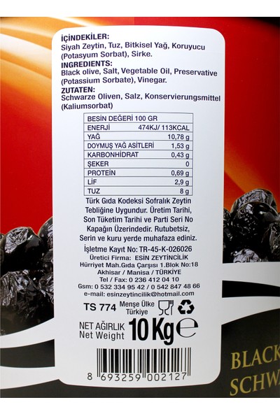 Esin Zeytin kahvaltılık Yağlı Sele Siyah Zeytin 230-260 Mega Boy 10 kg.