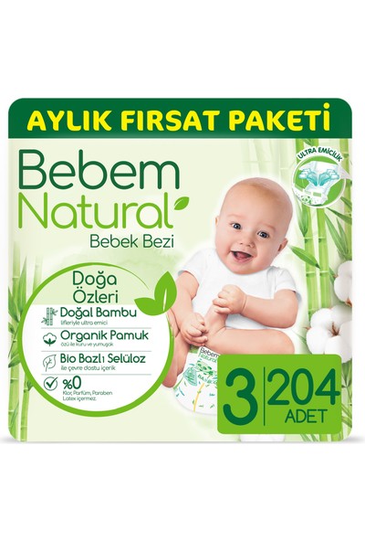 Bebem Natural Bebek Bezi 3 Beden Midi Aylık Fırsat Paketi 204 Adet