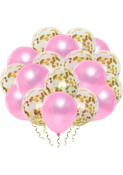 Gold Konfetili Şeffaf Balon ve Metalik Pembe Balon Seti 20 Adet