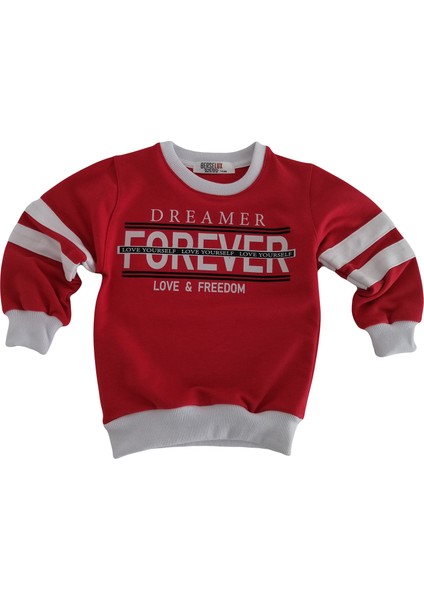 Forever Baskılı Kız-Erkek Çocuk  Bisiklet Yaka Penye Sweatshirt Kırmızı-Beyaz ()