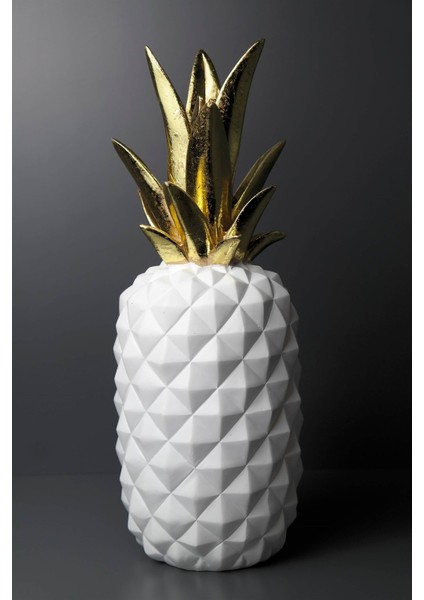 Joy Home&Accessories Beyaz Geometrik Desenli  Gold Detaylı Polyresin Dekoratif Ananas Biblosu