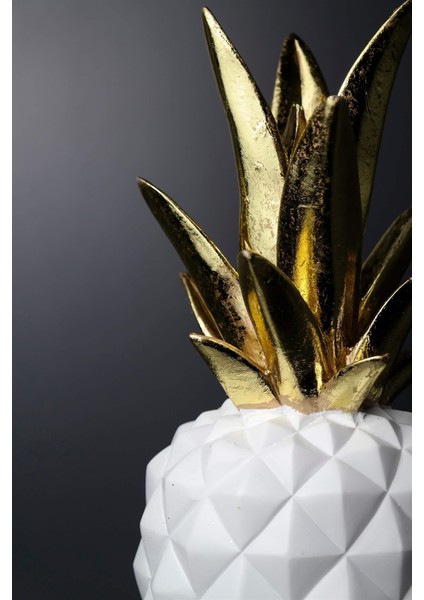 Joy Home&Accessories Beyaz Geometrik Desenli  Gold Detaylı Polyresin Dekoratif Ananas Biblosu