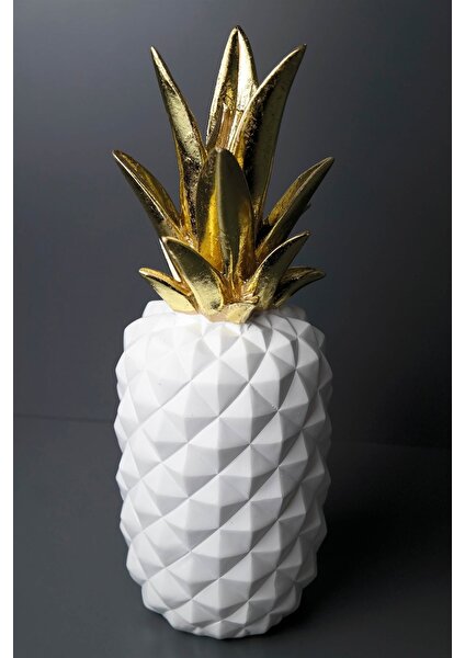 Joy Home&Accessories Beyaz Geometrik Desenli  Gold Detaylı Polyresin Dekoratif Ananas Biblosu