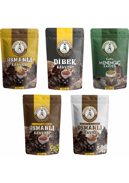 5'li Set | Osmanlı Kahvesi-Dibek Kahvesi-Sütlü Menengiç Kahvesi-Kakuleli Kahve-Damla Sakızlı Kahve 1000GR