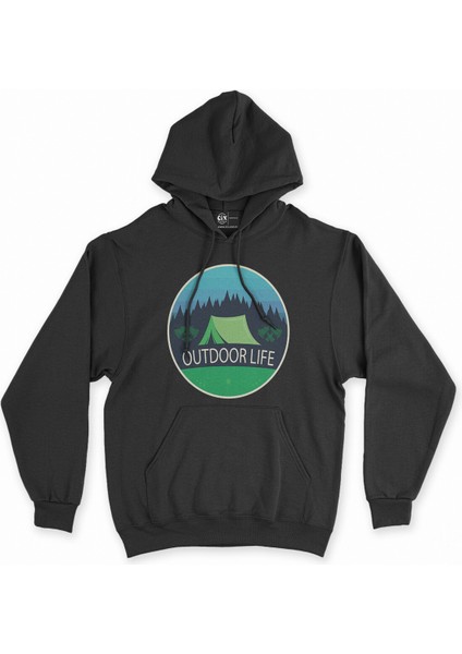 Cix Outdoor Life Logolu Siyah Kapşonlu Sweatshirt Hoodie