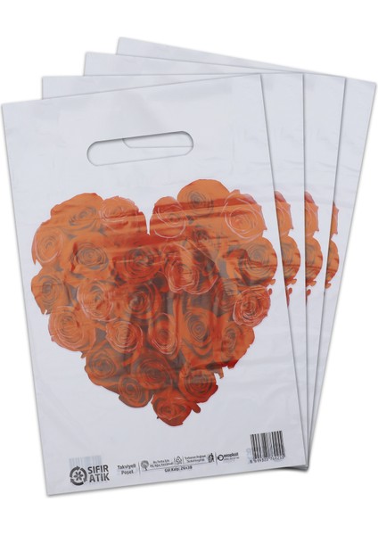 No:4 (40*50) Gül Kalp Desenli Takviyeli Elgeçme Poşet 50 Adet