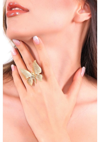 Kadın Mat Altın Renk Kaplama Ayarlanabilir Büyük Kelebek Yüzük