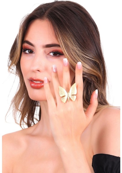 Kadın Mat Altın Renk Kaplama Ayarlanabilir Büyük Kelebek Yüzük modelleri