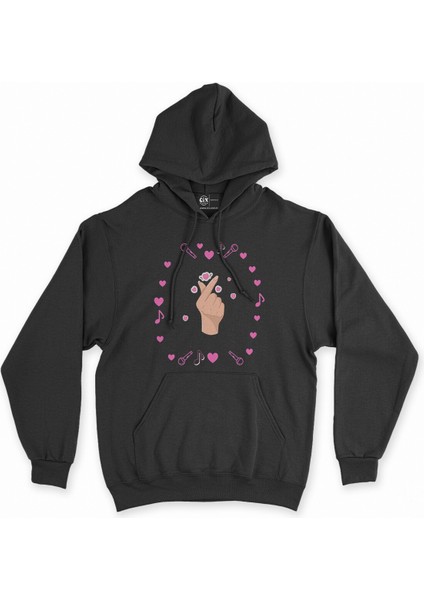 Cix K Pop Parmak Kalp Siyah Kapşonlu Sweatshirt Hoodie