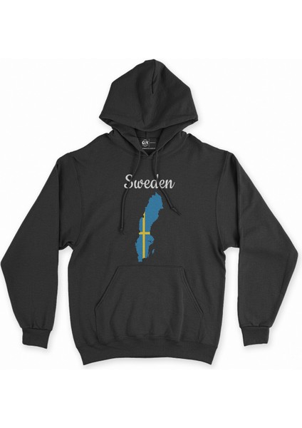 Cix Isveç Haritalı ve Bayraklı Siyah Kapşonlu Sweatshirt Hoodie