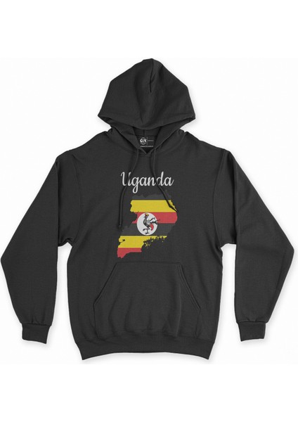 Cix Uganda Haritalı ve Bayraklı Siyah Kapşonlu Sweatshirt Hoodie