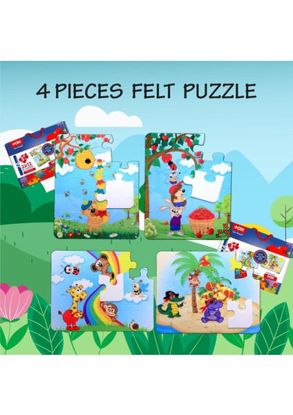 4 Set - 48 Parça Gökkuşağı ve Elmacı Ayı 3+ Keçe Yapboz