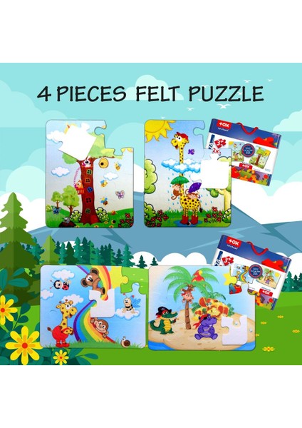 4 Set - 48 Parça Gökkuşağı ve Zürafa 3+ Keçe Yapboz