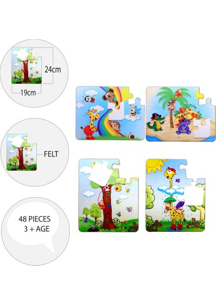 4 Set - 48 Parça Gökkuşağı ve Zürafa 3+ Keçe Yapboz
