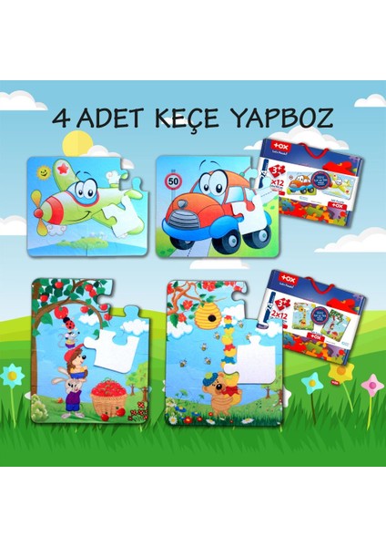 4 Set - 48 Parça Uçak Araba ve Elmacı Ayı 3+ Keçe Yapboz