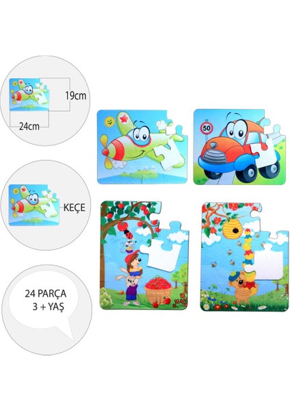 4 Set - 48 Parça Uçak Araba ve Elmacı Ayı 3+ Keçe Yapboz
