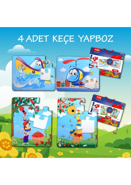 4 Set - 48 Parça Tekne Helikopter ve Elmacı Ayı 3+ Keçe Yapboz