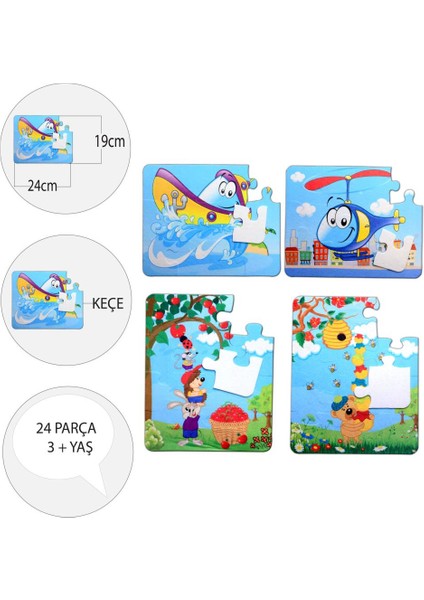 4 Set - 48 Parça Tekne Helikopter ve Elmacı Ayı 3+ Keçe Yapboz