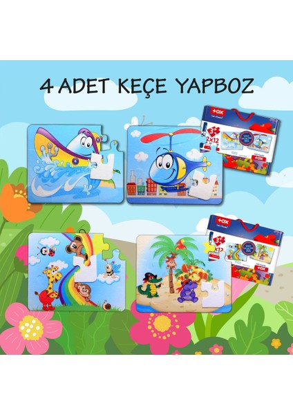 4 Set - 48 Parça Tekne Helikopter ve Gökkuşağı 3+ Keçe Yapboz