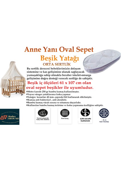 Anne Yanı Oval Beşik Bambu Kumaş 60 x 105 cm Sünger Yaysız Park Yatak