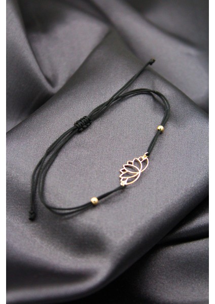 925 Ayar Gümüş Rose Sade Lotus Siyah Makrome Bileklik