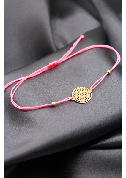 925 Ayar Gümüş Rose Yaşam Çiçeği Pembe Makrome Bileklik