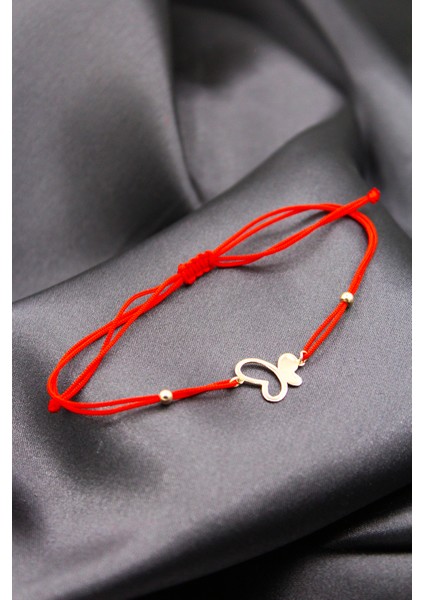 925 Ayar Gümüş Rose Kelebek Kırmızı Makrome Bileklik