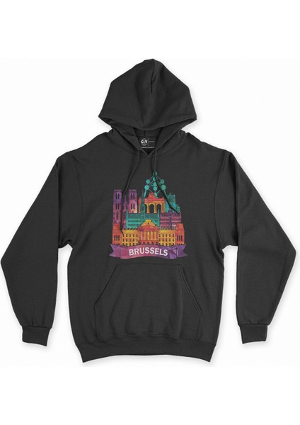 Cix Renkli Brüksel Illüstrasyon Siyah Kapşonlu Sweatshirt Hoodie