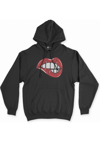 Cix Estetik Dudak Çizimli Siyah Kapşonlu Sweatshirt Hoodie