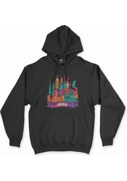 Cix Renkli Ispanya Illüstrasyon Siyah Kapşonlu Sweatshirt Hoodie