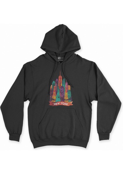 Cix Renkli New York Illüstrasyon Siyah Kapşonlu Sweatshirt Hoodie