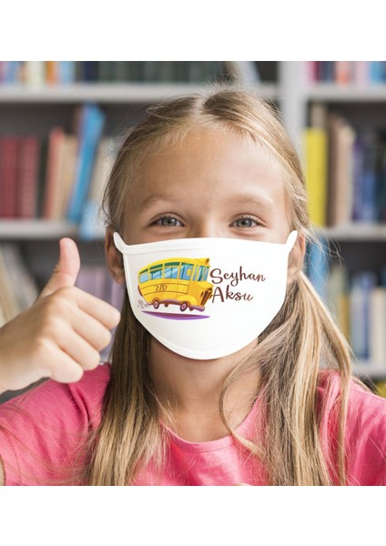 Çocuklara Özel Isimli Sınıflı Yıkanabilir Beyaz Okul Maskesi-3