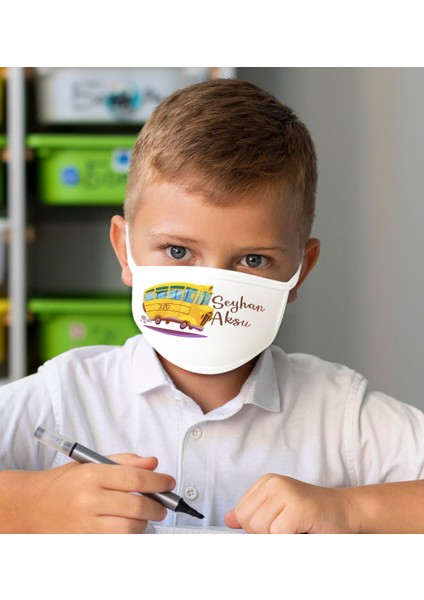 Çocuklara Özel Isimli Sınıflı Yıkanabilir Beyaz Okul Maskesi-3
