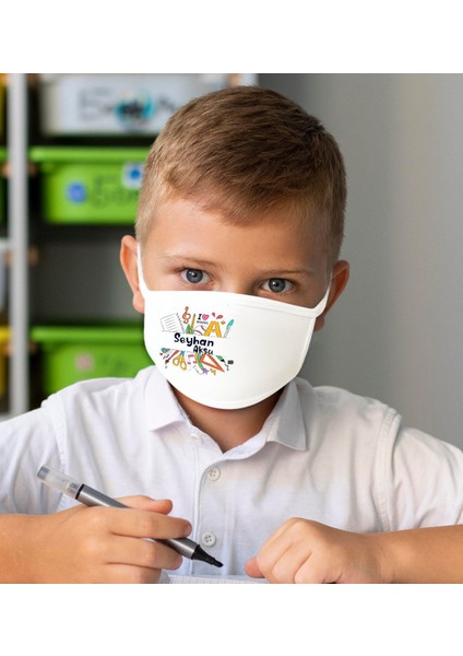 Çocuklara Özel Isimli Yıkanabilir Beyaz Okul Maskesi-8