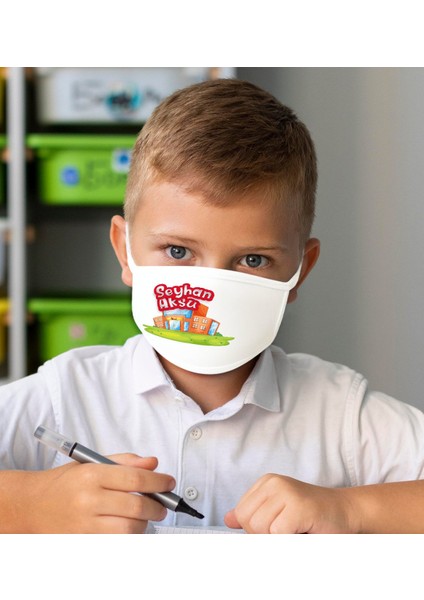 Çocuklara Özel Isimli Yıkanabilir Beyaz Okul Maskesi-7