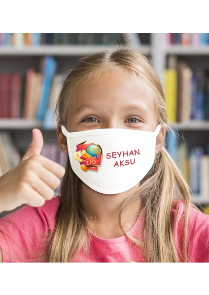 Çocuklara Özel Isimli Sınıflı Yıkanabilir Beyaz Okul Maskesi-1